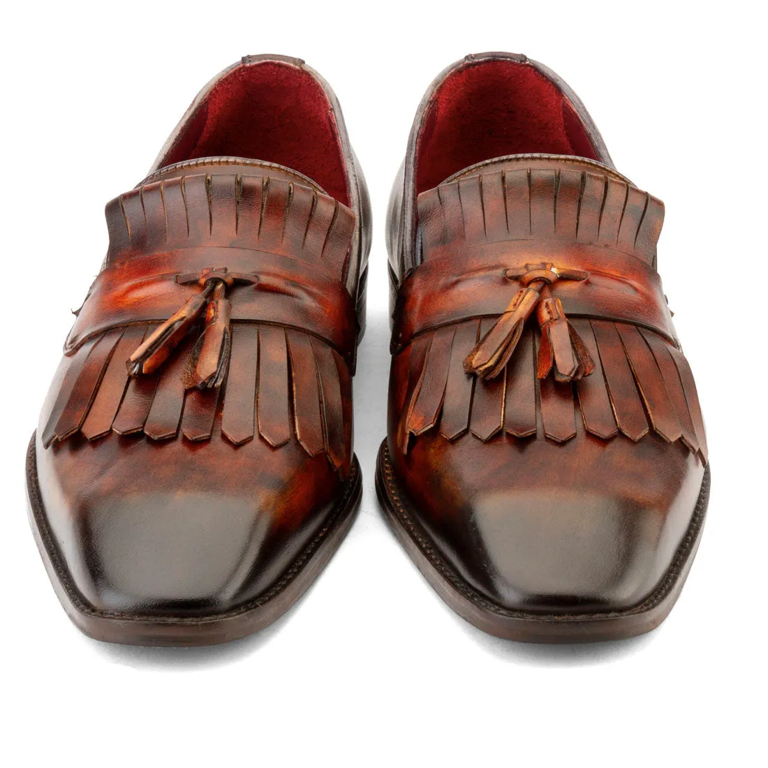 Tan Handpainted Marble Patina Fringe Tassel Loafer