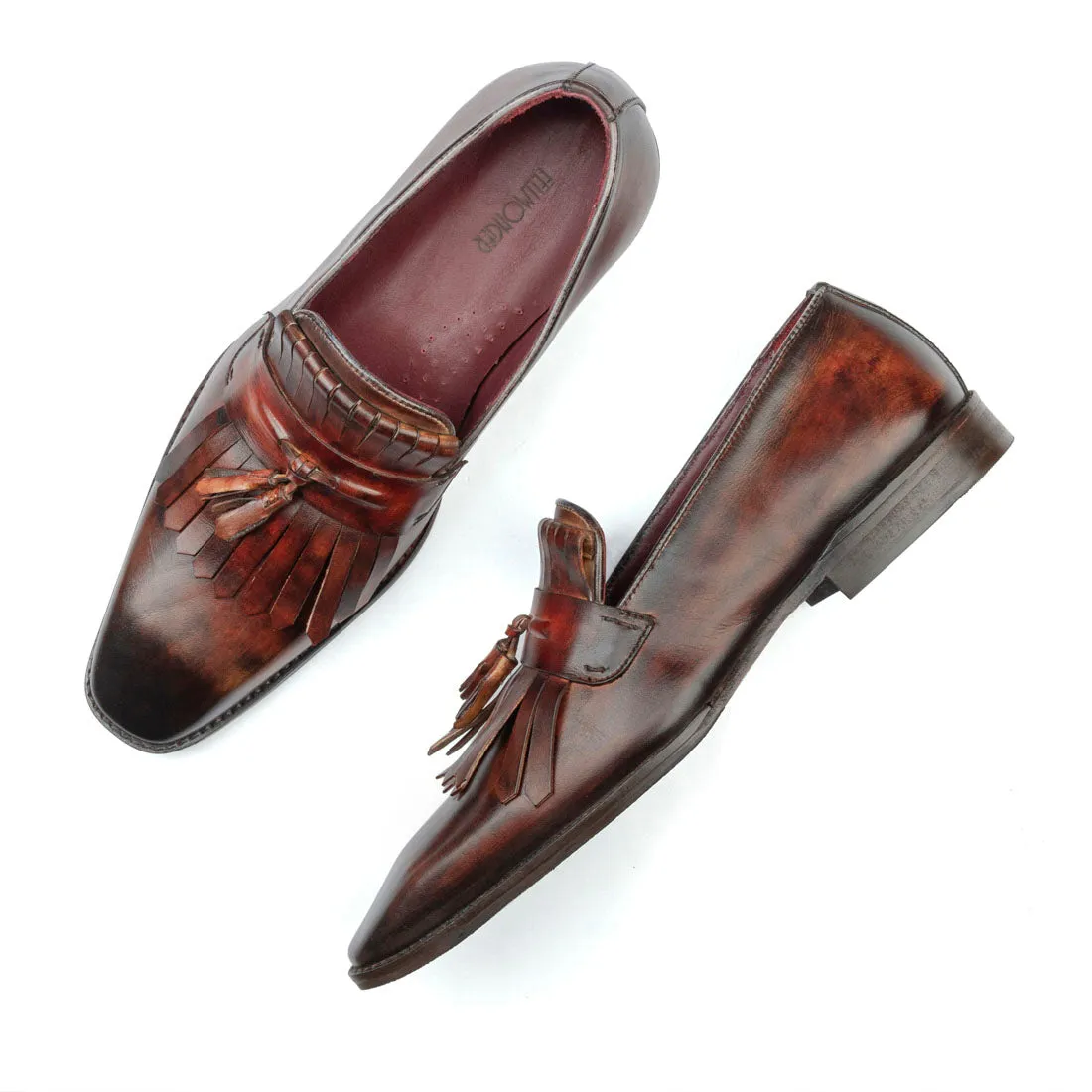 Tan Handpainted Marble Patina Fringe Tassel Loafer