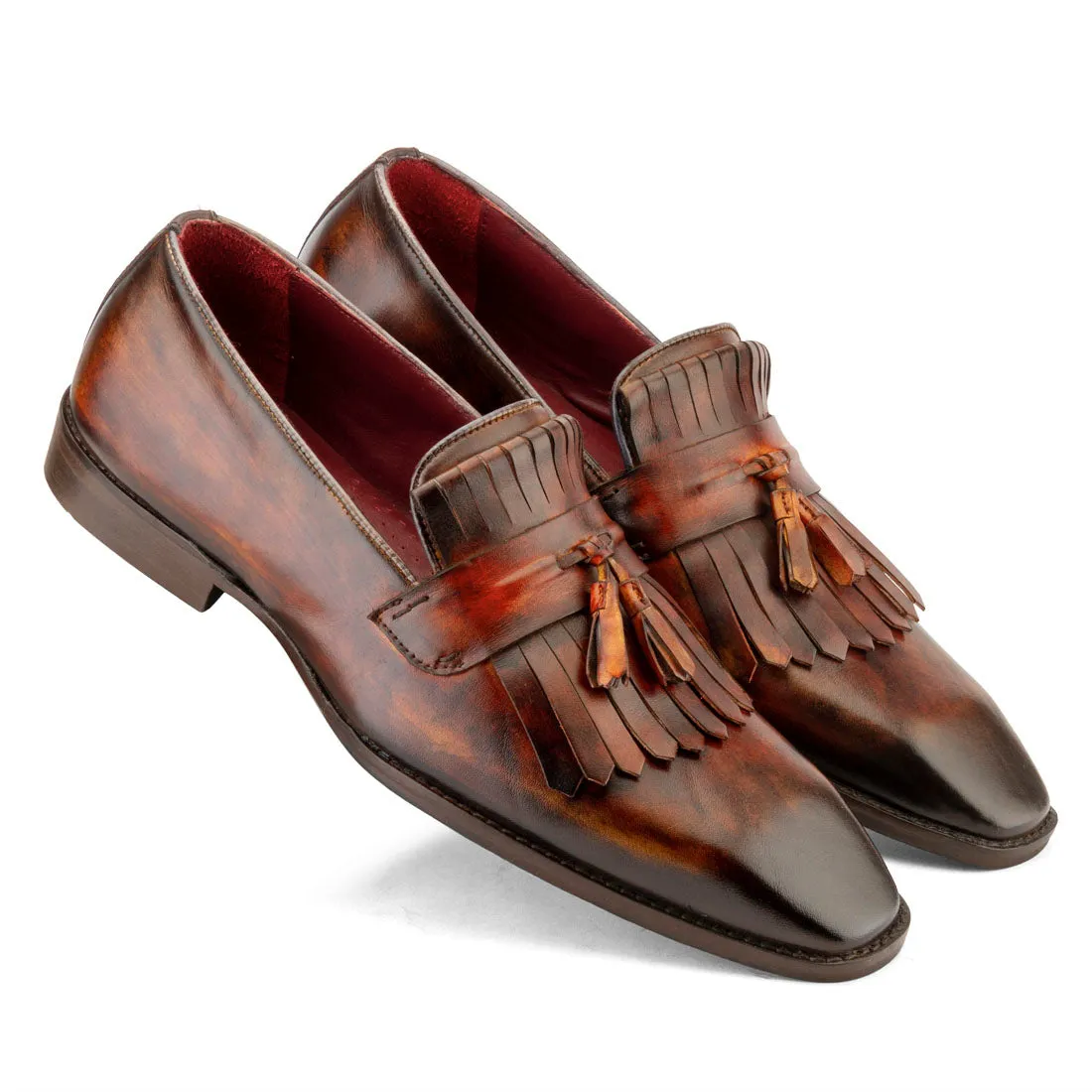 Tan Handpainted Marble Patina Fringe Tassel Loafer
