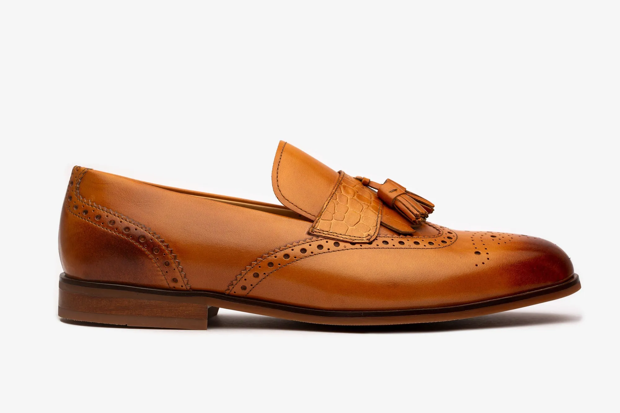 Tan Tassel Croco Detailed Wingtip Loafer