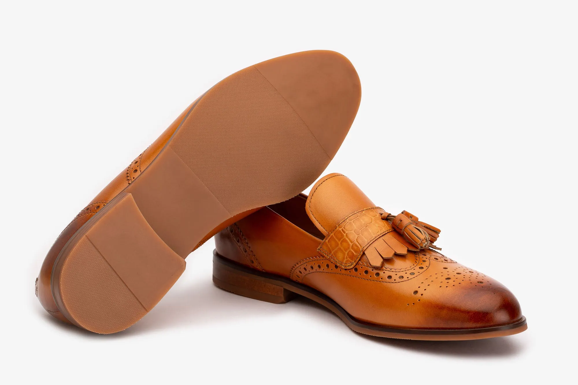 Tan Tassel Croco Detailed Wingtip Loafer