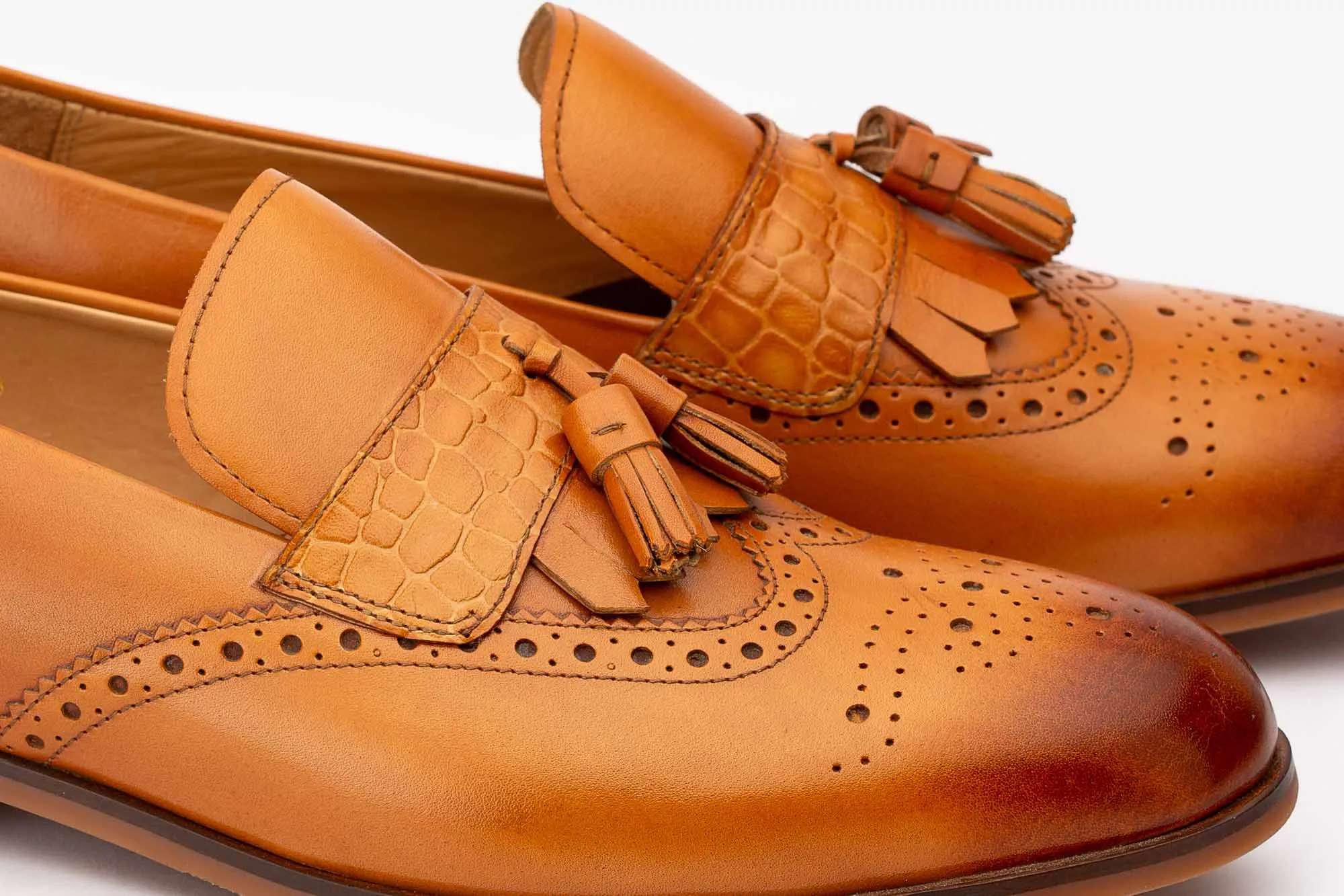 Tan Tassel Croco Detailed Wingtip Loafer