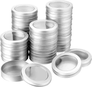 TecUnite 4 oz Metal Tin Cans Round Tin Containers Empty Cans with Clear Top Lid Spice for Kitchen Office Candles Candies and Gifts Holding(24 Pieces)