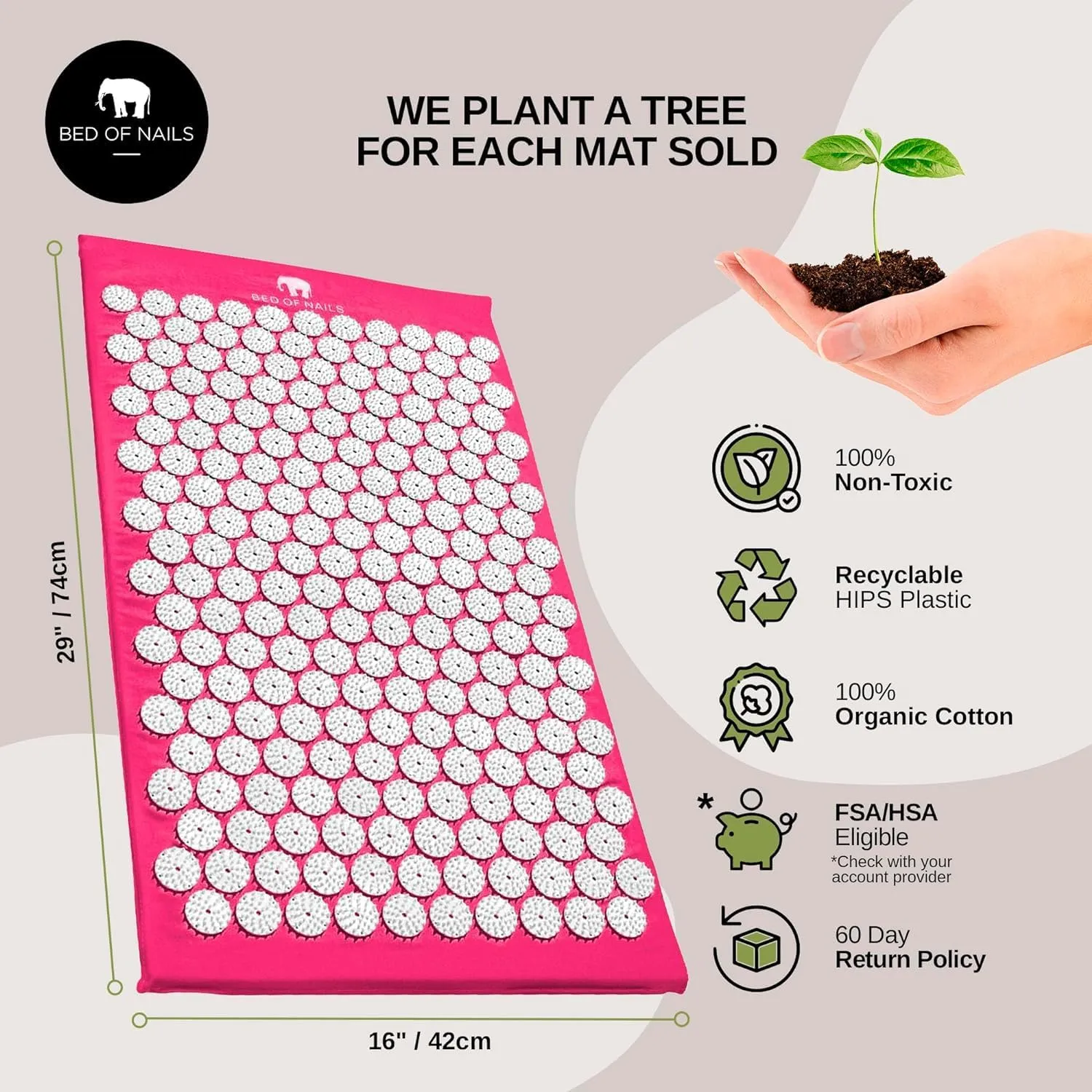 The Original Premium Acupressure Mat, 8,820 Acupuncture Pressure Points for Back Pain Relief, Increased Energy, Relaxation, FSA/HSA Eligible, with Drawstring Bag, 29 x 16 x 1, Pink