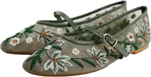 Trendenzy Womens Mesh Ballet Flats Shoes Embroidered Floral Mary Jane Flat Round Toe Ankle Strap Ballerina Shoes
