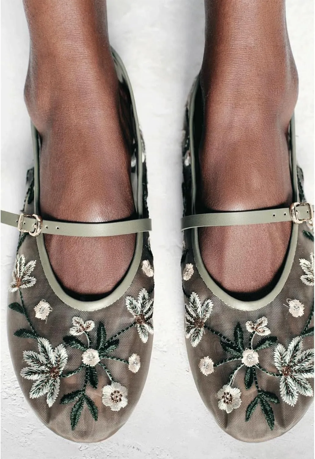 Trendenzy Womens Mesh Ballet Flats Shoes Embroidered Floral Mary Jane Flat Round Toe Ankle Strap Ballerina Shoes