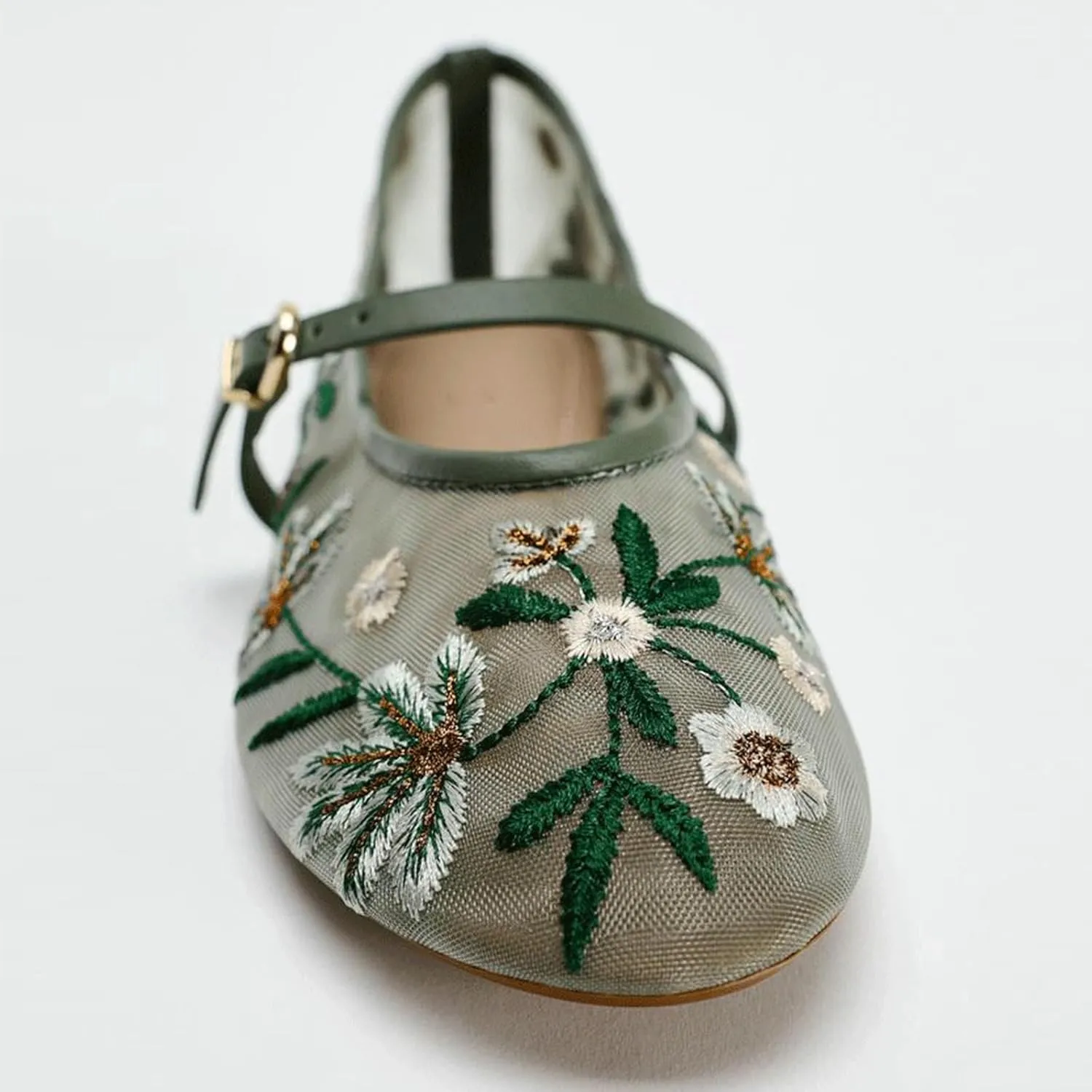 Trendenzy Womens Mesh Ballet Flats Shoes Embroidered Floral Mary Jane Flat Round Toe Ankle Strap Ballerina Shoes