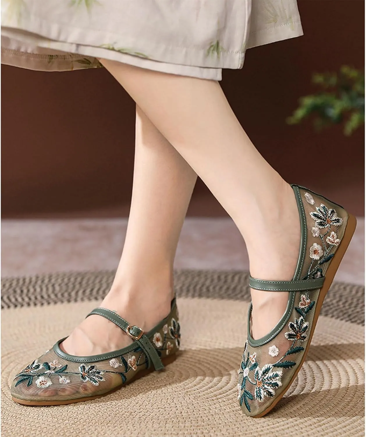 Trendenzy Womens Mesh Ballet Flats Shoes Embroidered Floral Mary Jane Flat Round Toe Ankle Strap Ballerina Shoes
