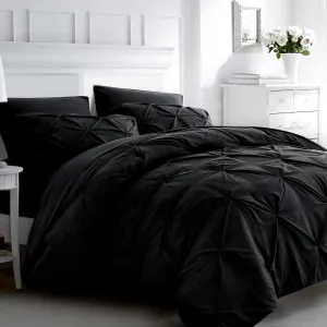 Ubauba 7pc Black Queen Comforter Set with Sheets, 7 Piece Pintuck Bed in a Bag, Queen Size Bed Set for All Seasons, Pinched Pleat Bedding Sets (Black,Queen)