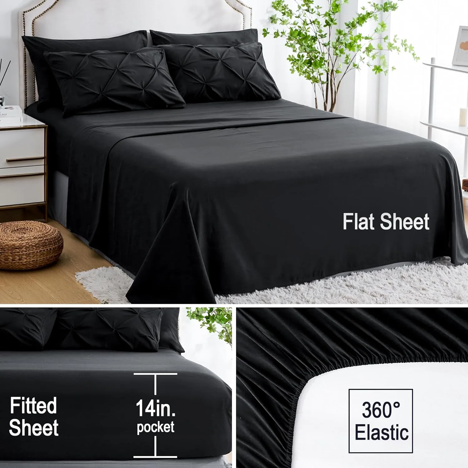 Ubauba 7pc Black Queen Comforter Set with Sheets, 7 Piece Pintuck Bed in a Bag, Queen Size Bed Set for All Seasons, Pinched Pleat Bedding Sets (Black,Queen)