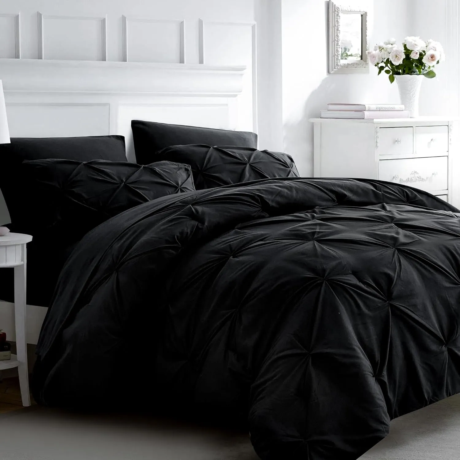 Ubauba 7pc Black Queen Comforter Set with Sheets, 7 Piece Pintuck Bed in a Bag, Queen Size Bed Set for All Seasons, Pinched Pleat Bedding Sets (Black,Queen)