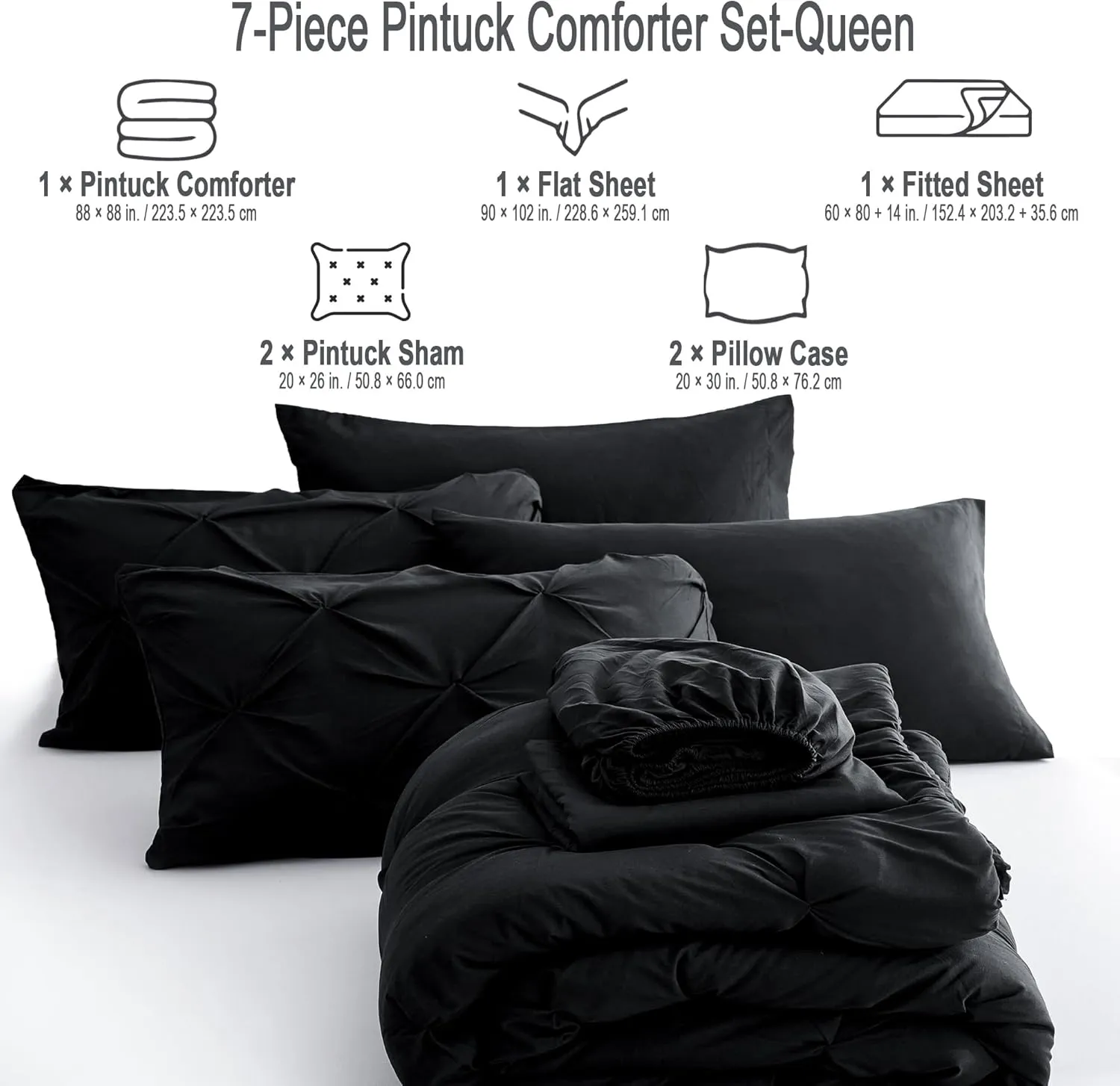 Ubauba 7pc Black Queen Comforter Set with Sheets, 7 Piece Pintuck Bed in a Bag, Queen Size Bed Set for All Seasons, Pinched Pleat Bedding Sets (Black,Queen)