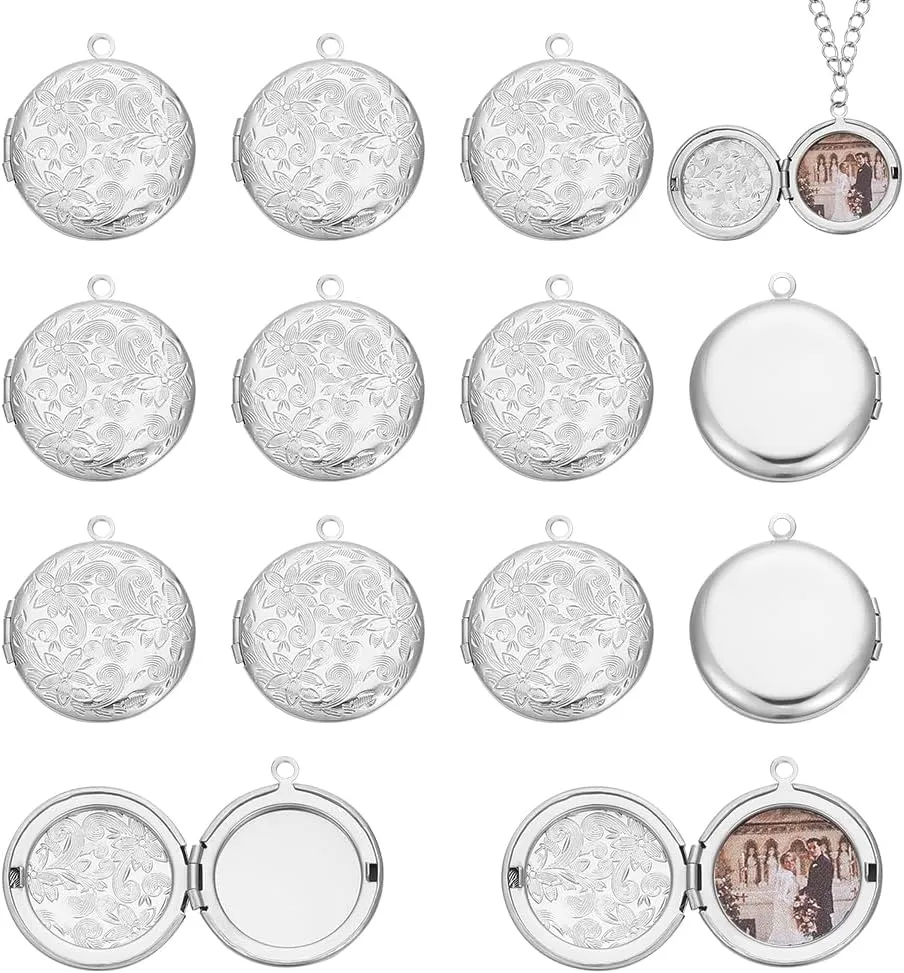 UNICRAFTALE 20pcs Stainless Steel Locket Pendants Flat Round Photo Frame Charms Locket Necklace Charms with Flower for Necklaces Bracelets Jewelry Making 30x28x5mm