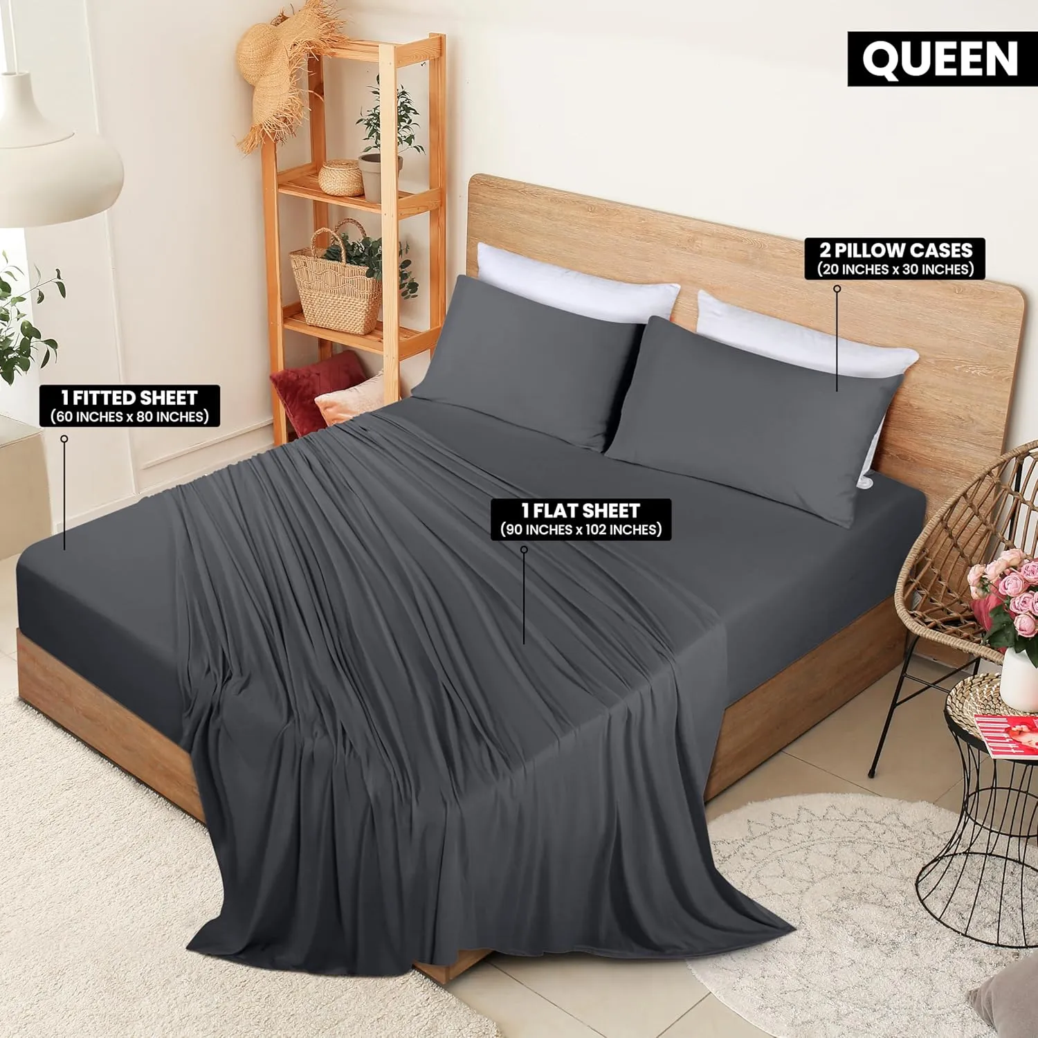 Utopia Bedding Queen Sheet Set - Jersey Knit Sheets 4 Piece Queen Jersey Sheet Set – Cotton Jersey Sheets – Soft T-Shirt Stretchy Sheets (Queen, Dark Grey)