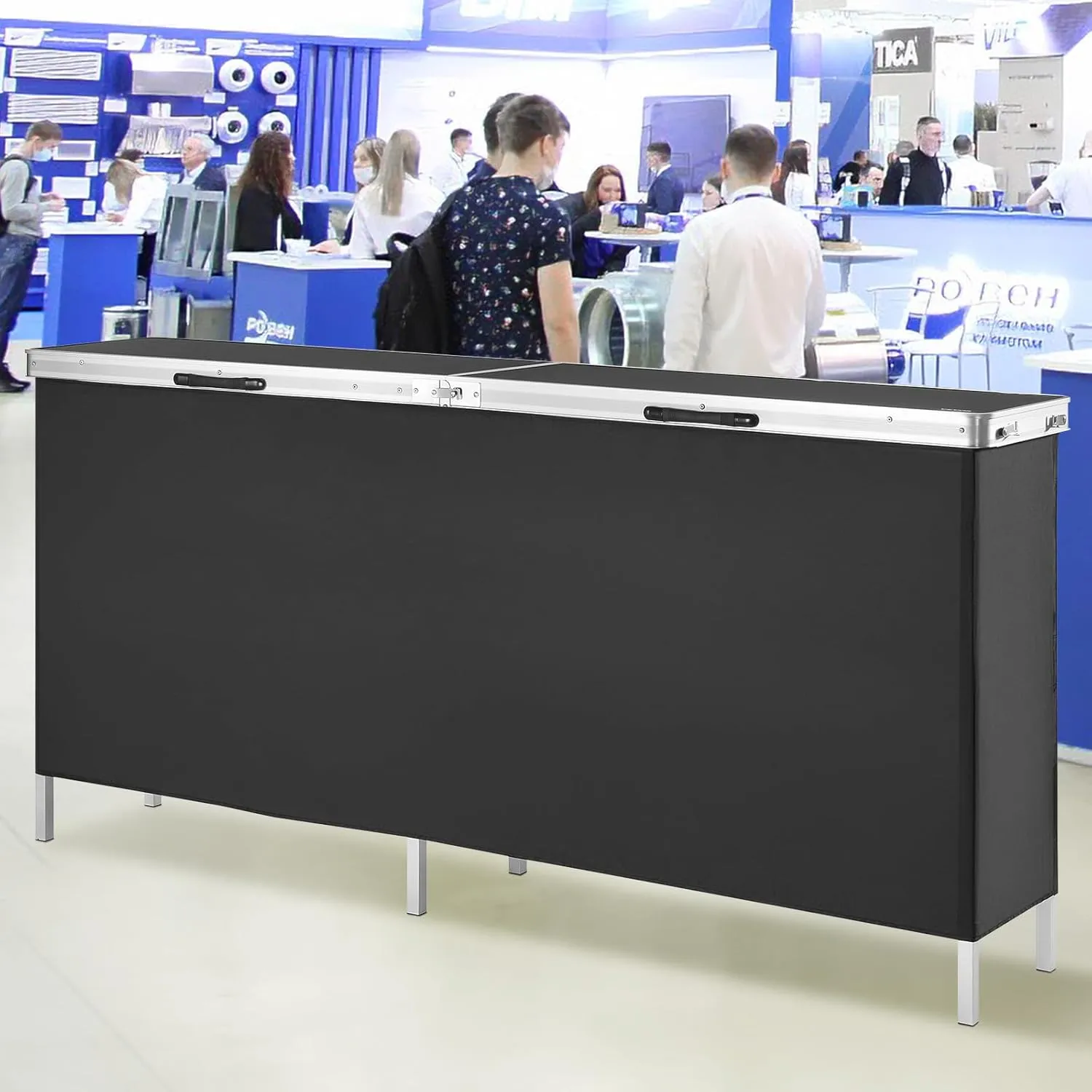 VEVOR Extra Long Folding Portable Bar Tradeshow Podium Table for Indoor, Outdoor, Party, Picnic, Exhibition, Includes Carrying Case, Storage Shelf and Black Skirt, 77.95" x 15.16" x 34.65"