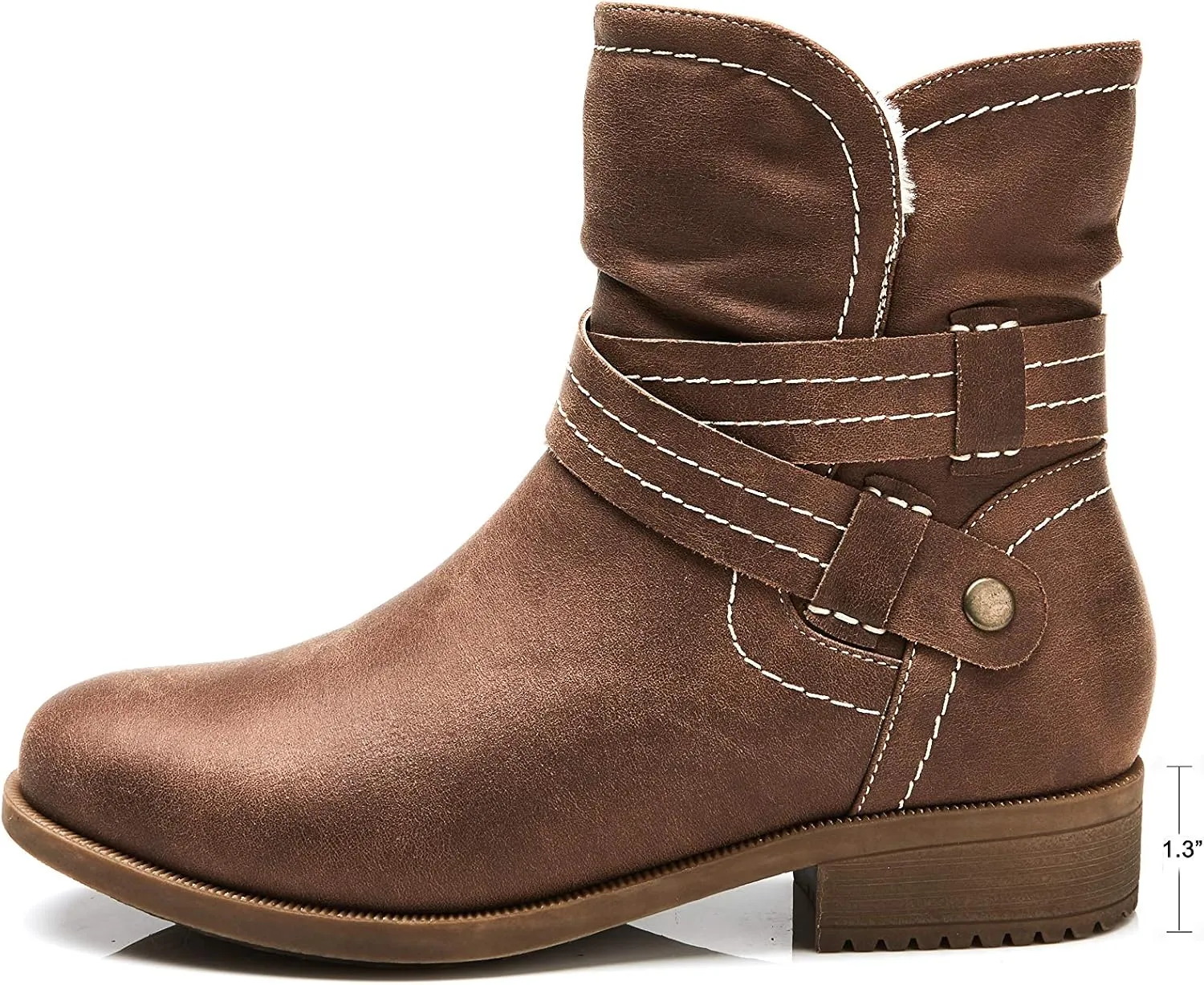 VJH confort Women's Mid Calf Boots, Fur Lined Round Toe Low heel Cross Straps Slouchy Booties with Zipper