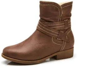 VJH confort Women's Mid Calf Boots, Fur Lined Round Toe Low heel Cross Straps Slouchy Booties with Zipper