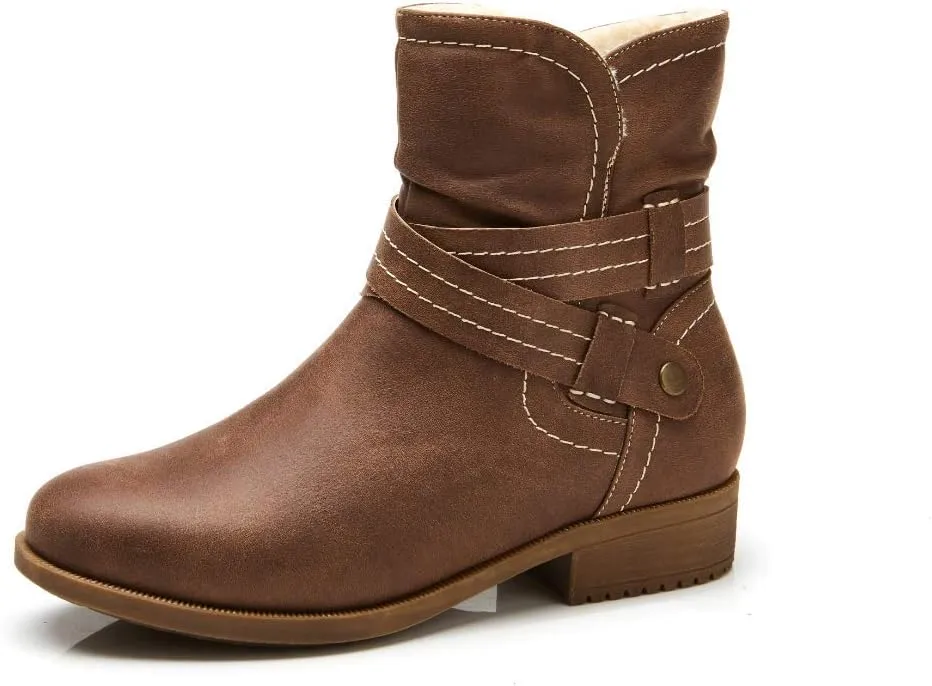 VJH confort Women's Mid Calf Boots, Fur Lined Round Toe Low heel Cross Straps Slouchy Booties with Zipper