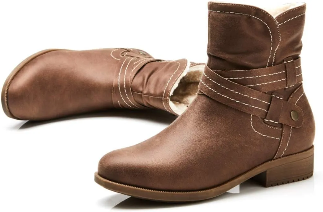 VJH confort Women's Mid Calf Boots, Fur Lined Round Toe Low heel Cross Straps Slouchy Booties with Zipper