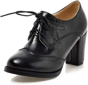 VOKLIN Women's Lace Up Wingtip Oxford Pump Vintage Perforated Chunky Platform High Heel Brogues Dress Shoes