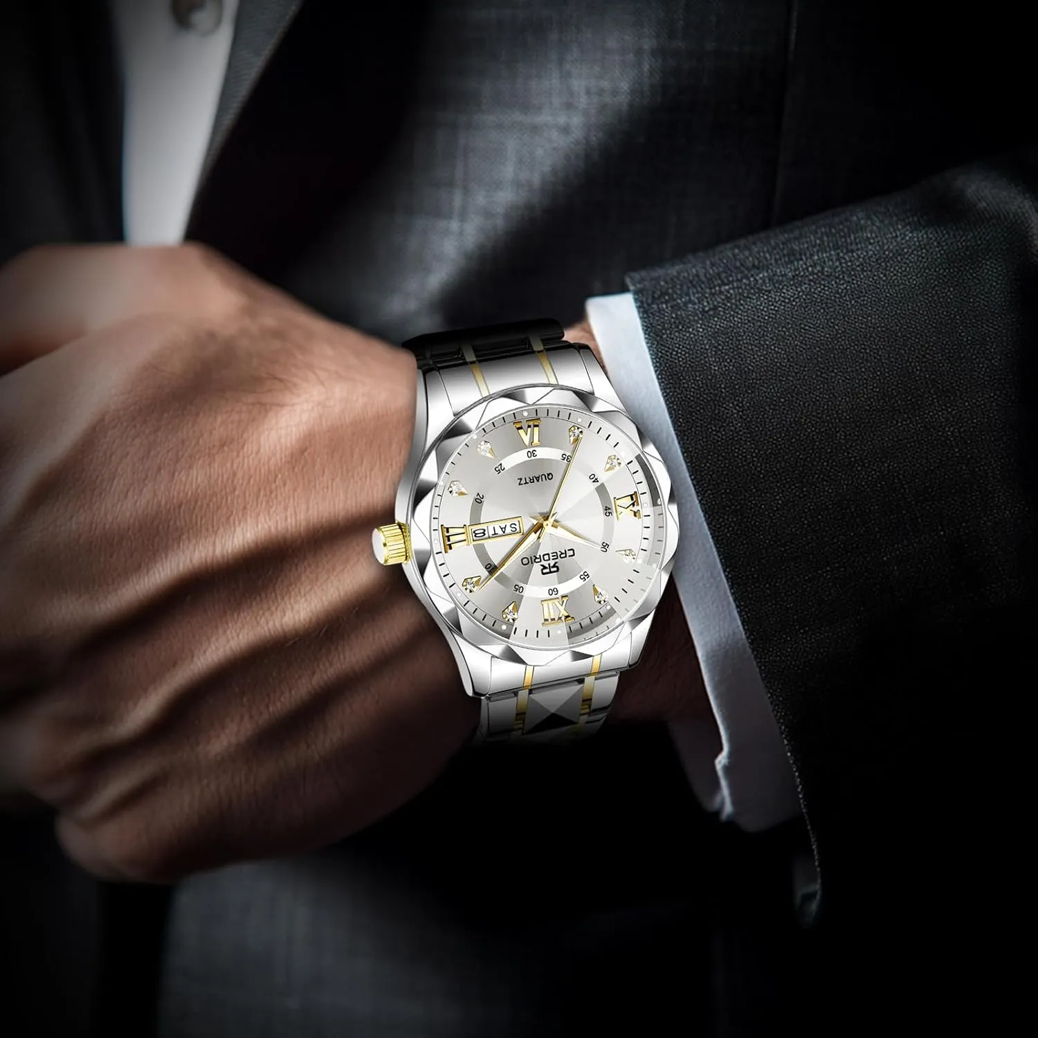 Watch for Men Stainless Steel Waterproof Diamond Business Dress Analog Quartz Luminous Date Two Tone Luxury Casual Wrist Watch