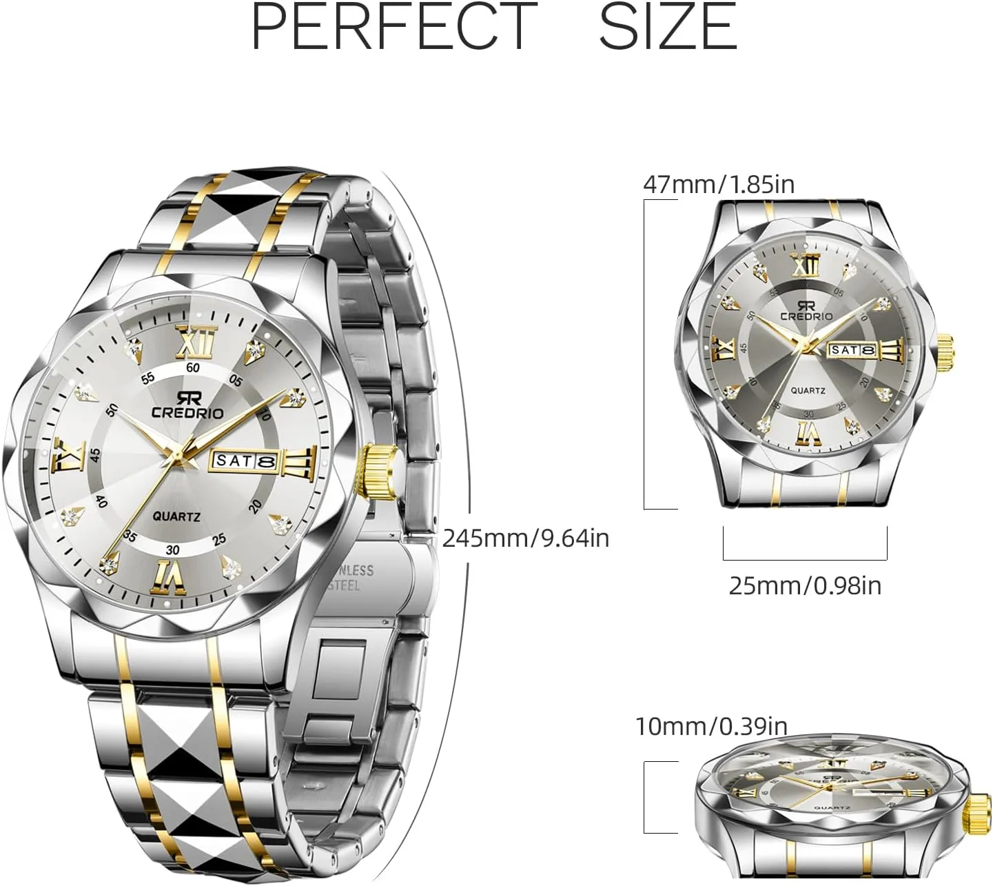 Watch for Men Stainless Steel Waterproof Diamond Business Dress Analog Quartz Luminous Date Two Tone Luxury Casual Wrist Watch