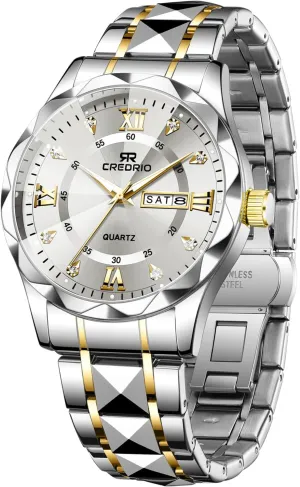 Watch for Men Stainless Steel Waterproof Diamond Business Dress Analog Quartz Luminous Date Two Tone Luxury Casual Wrist Watch