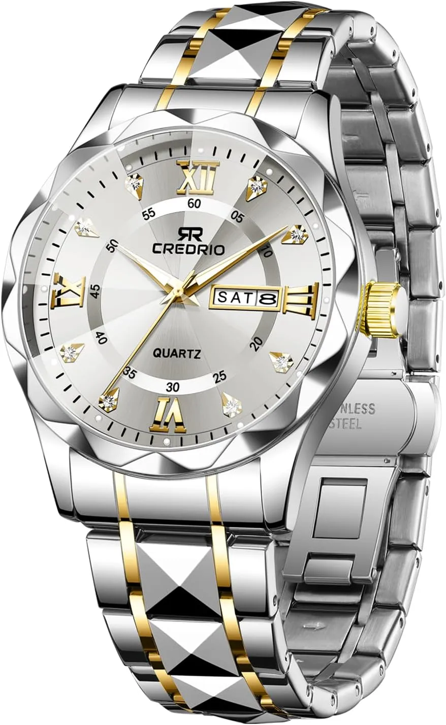 Watch for Men Stainless Steel Waterproof Diamond Business Dress Analog Quartz Luminous Date Two Tone Luxury Casual Wrist Watch
