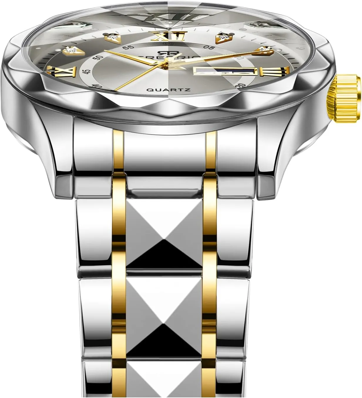 Watch for Men Stainless Steel Waterproof Diamond Business Dress Analog Quartz Luminous Date Two Tone Luxury Casual Wrist Watch