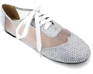 Wen-01 Women's Oxfords Shoes Rhinestones Lace Up Mesh Detail Lace Flats Casual Bootie, Black, Gold, Silver