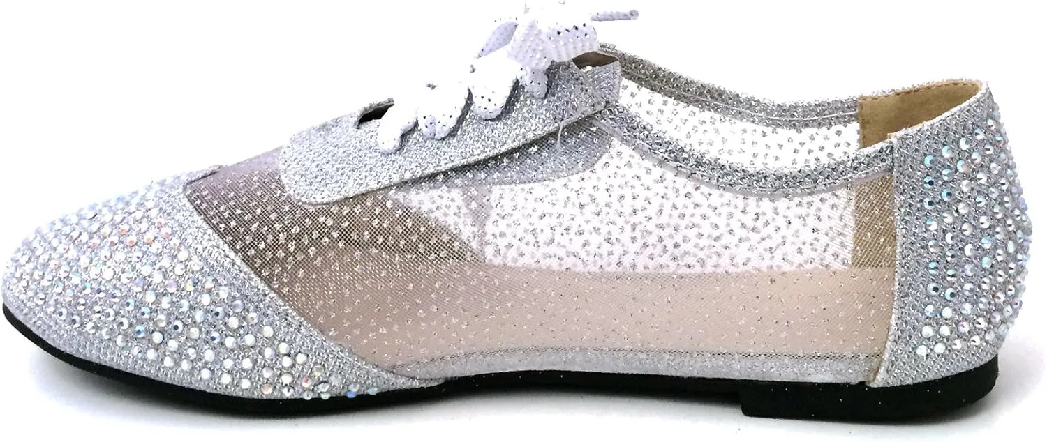 Wen-01 Women's Oxfords Shoes Rhinestones Lace Up Mesh Detail Lace Flats Casual Bootie, Black, Gold, Silver