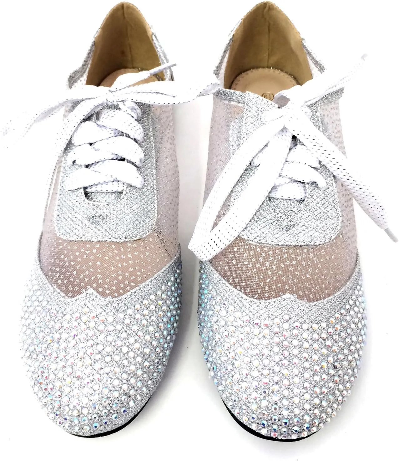 Wen-01 Women's Oxfords Shoes Rhinestones Lace Up Mesh Detail Lace Flats Casual Bootie, Black, Gold, Silver