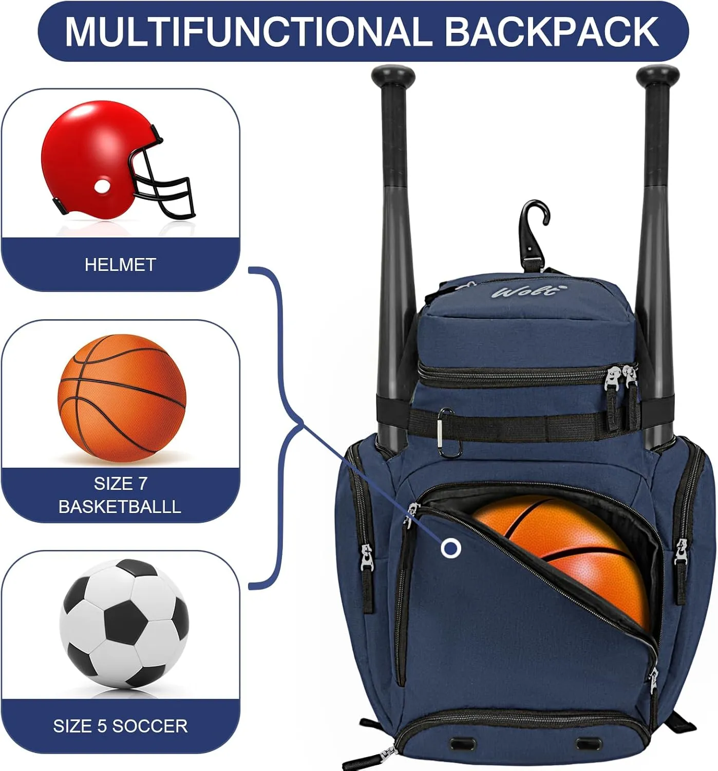 WOLT Baseball Bag Backpack for Youth and Adults-Softball Bag with Separate Helmet Compartment and Shoes Pocket,Multifunctional Sport Backpack for Baseball, Volleyball,Basketball, Soccer
