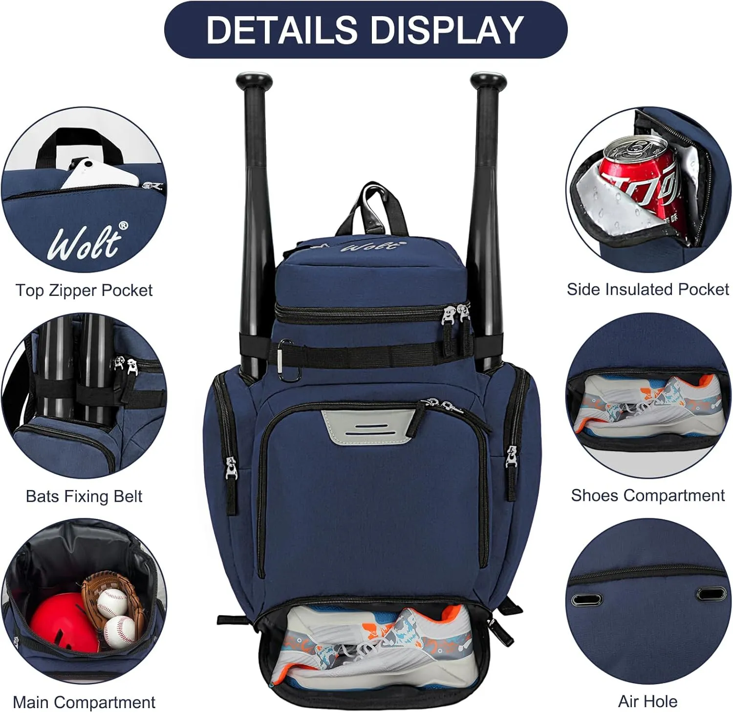 WOLT Baseball Bag Backpack for Youth and Adults-Softball Bag with Separate Helmet Compartment and Shoes Pocket,Multifunctional Sport Backpack for Baseball, Volleyball,Basketball, Soccer