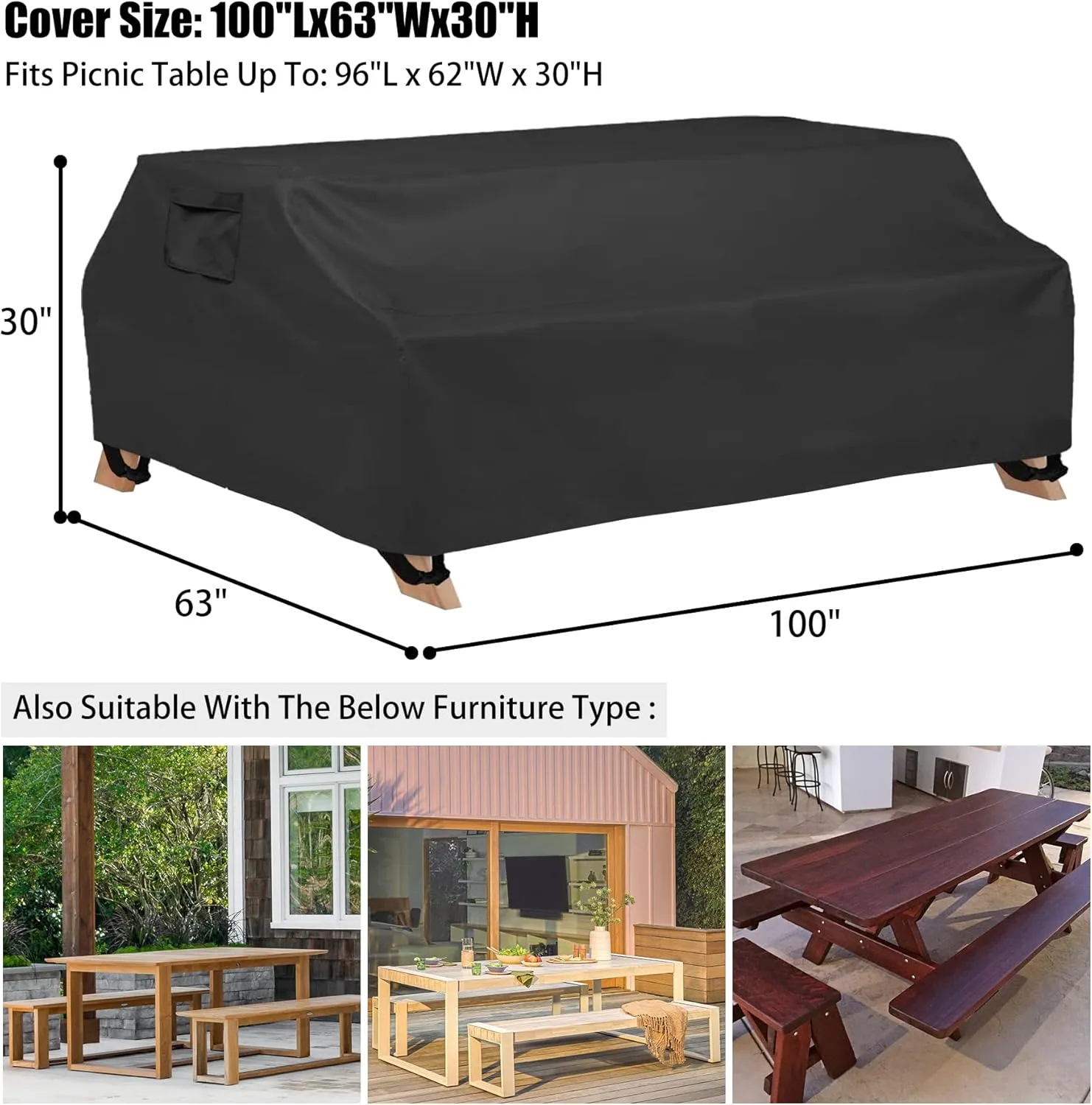 WOMACO Waterproof Picnic Table Cover, Heavy Duty 96 inches Patio Outdoor Table & Bench Cover for Winter, Water-Resistant 8ft Picnic Table Tarp (‎8ft-96in)