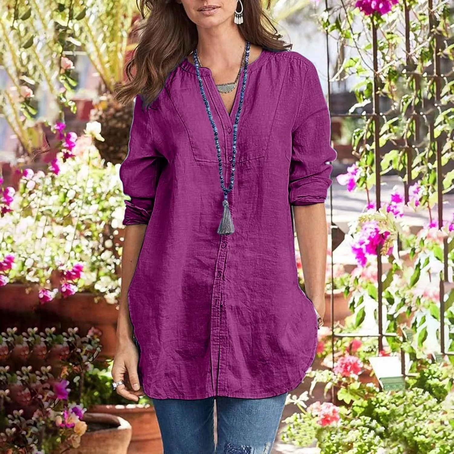Women Button Down Linen Shirts Roll Up Sleeve 3/4 Sleeve Summer Tops Loose Fit Casual V Neck Blouse 2025 Trendy Outfit