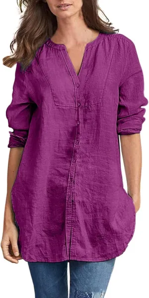 Women Button Down Linen Shirts Roll Up Sleeve 3/4 Sleeve Summer Tops Loose Fit Casual V Neck Blouse 2025 Trendy Outfit