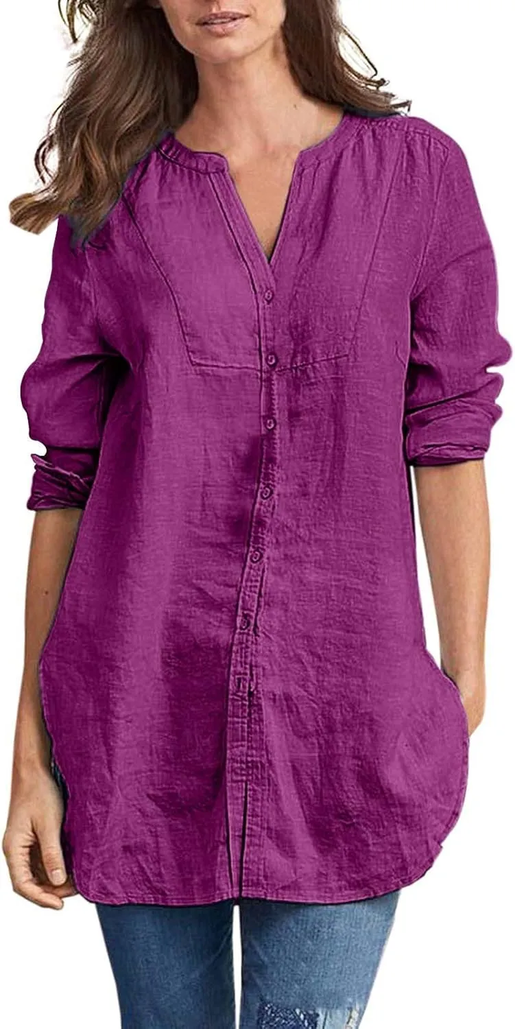 Women Button Down Linen Shirts Roll Up Sleeve 3/4 Sleeve Summer Tops Loose Fit Casual V Neck Blouse 2025 Trendy Outfit