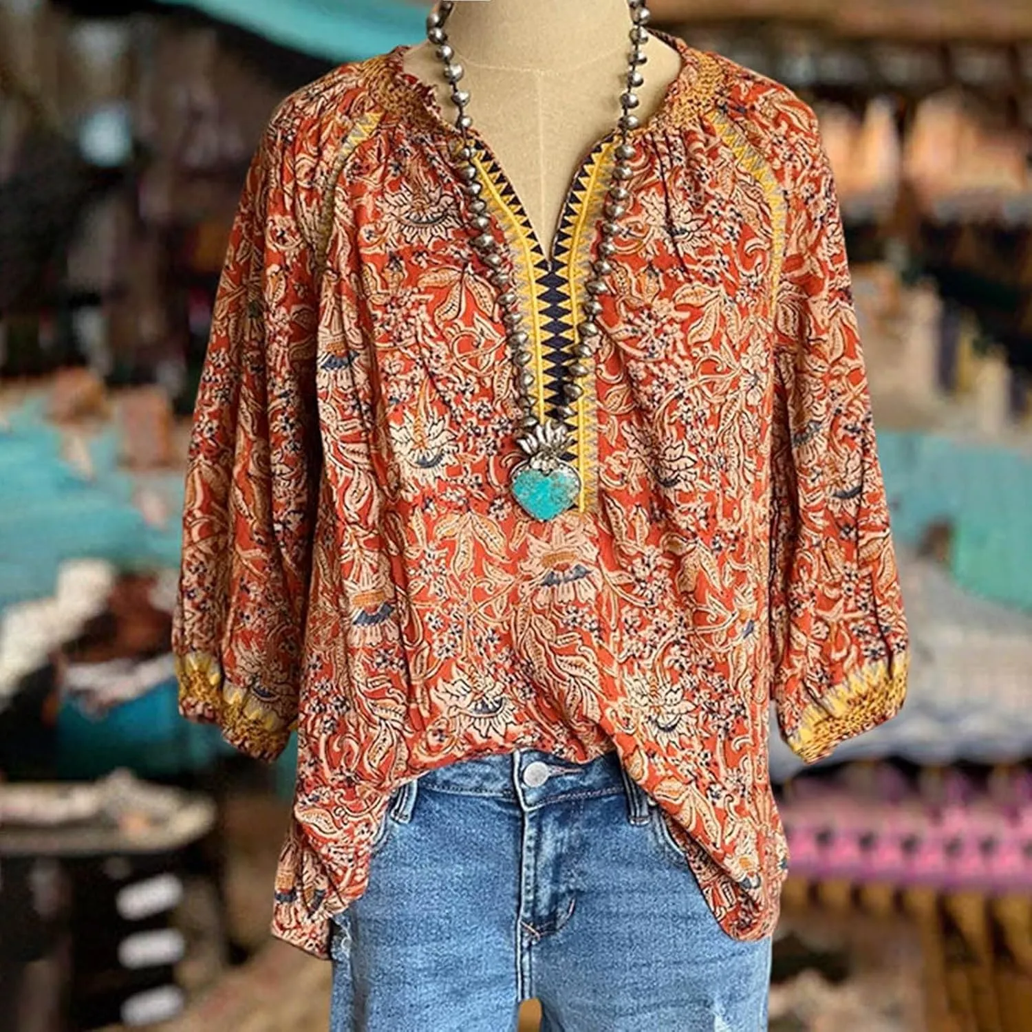Women Mexican Shirt Casual Bohemian Printed Ruffle Neck Flared Sleeve T-Shirt Top