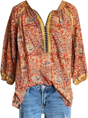 Women Mexican Shirt Casual Bohemian Printed Ruffle Neck Flared Sleeve T-Shirt Top