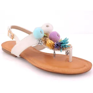 Women "Bestow" Embroidered Pom Pom Sandals