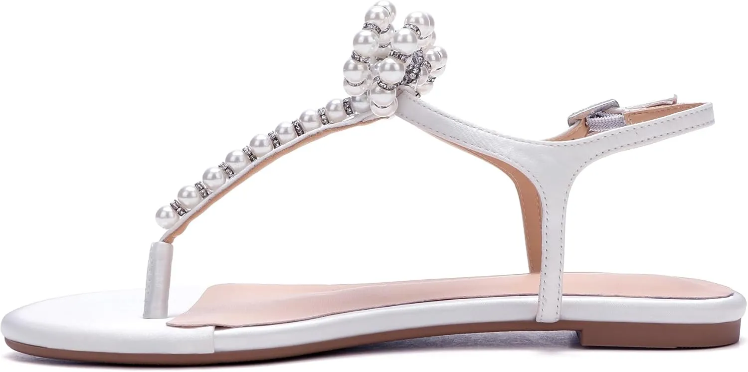 Women T-Strap Thong Sandals with Pearl Roman Style Flats with Bow,Bohemian Casual Beach Slingback Flat Sandals
