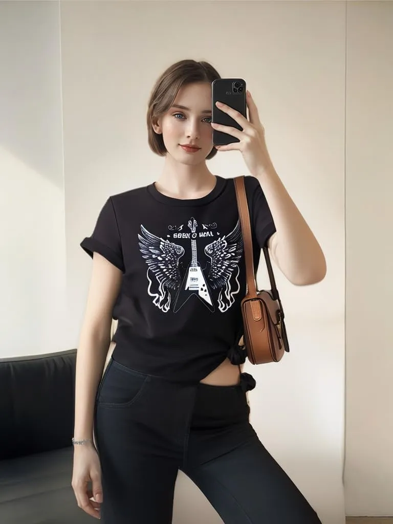Women Vintage Rock T Shirts Summer Casual Loose Fit Short Sleeve Country Rock Band T-Shirts