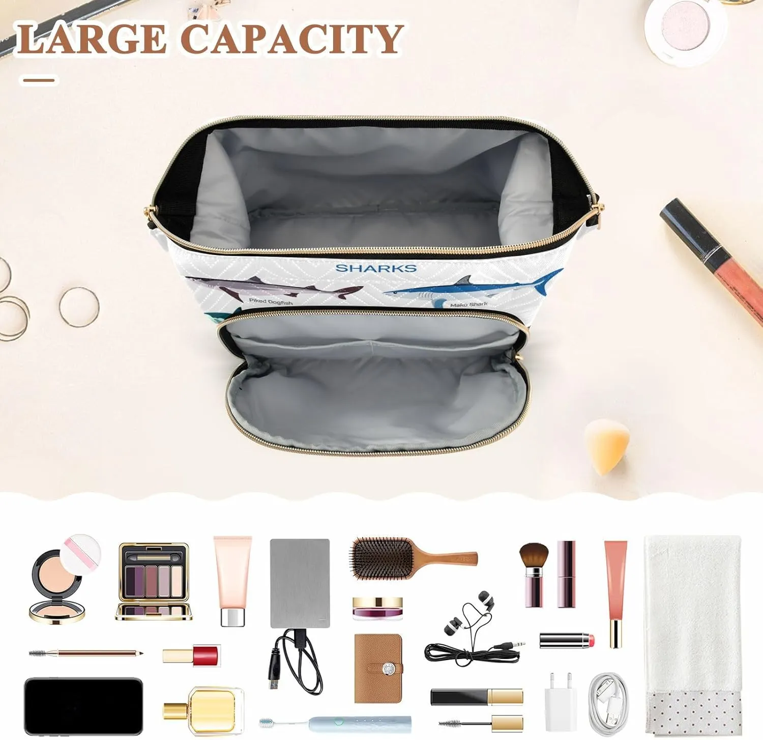 Women Wave Quilt Cosmetic Bag, Storage Pouch Handbag Makeup Case Zipper Toiletry Purse Holder Organizer 10.2x5.9x6.7 in Different Kind of Sharks Species Isolated on White Background