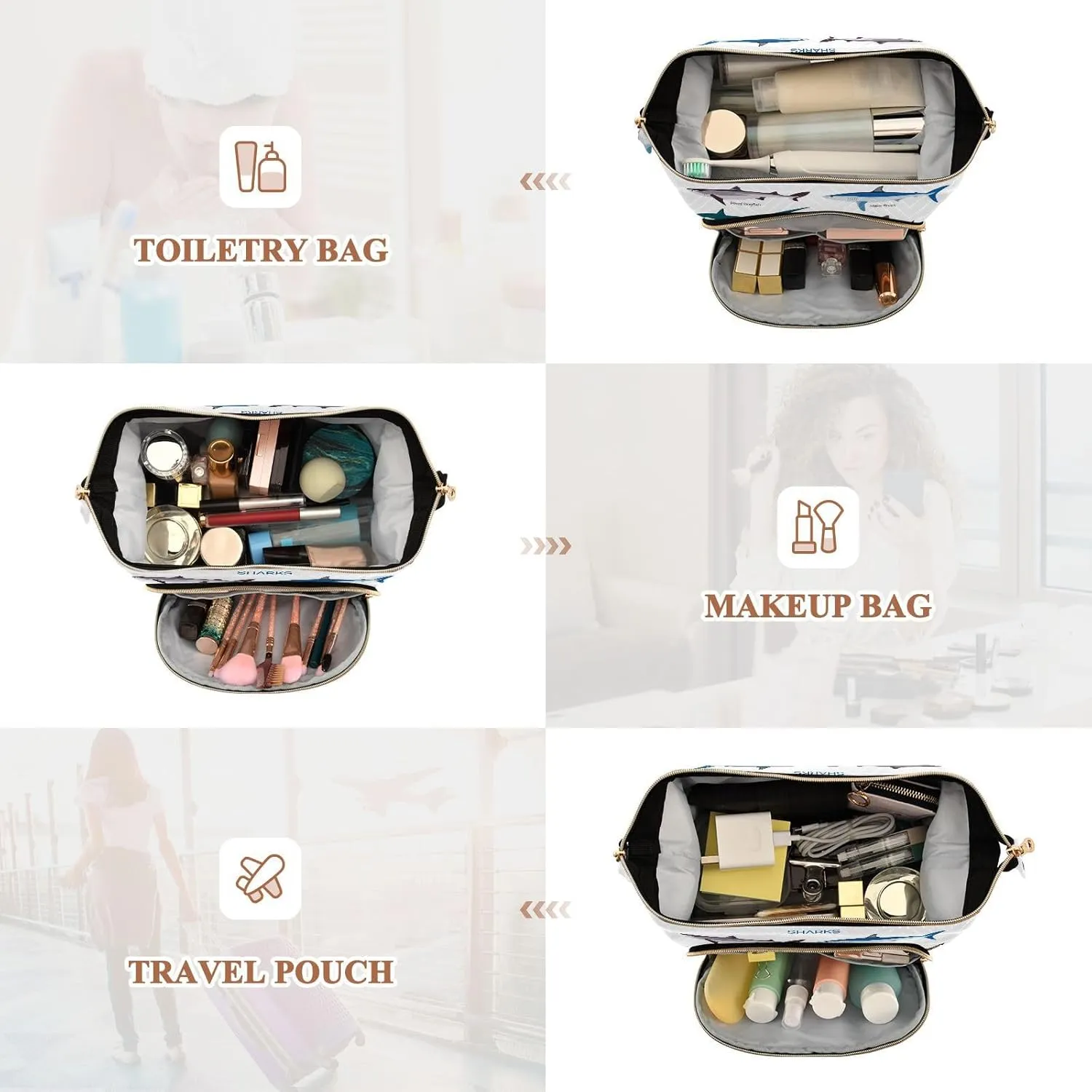 Women Wave Quilt Cosmetic Bag, Storage Pouch Handbag Makeup Case Zipper Toiletry Purse Holder Organizer 10.2x5.9x6.7 in Different Kind of Sharks Species Isolated on White Background