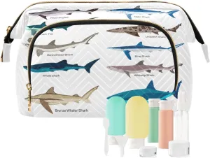 Women Wave Quilt Cosmetic Bag, Storage Pouch Handbag Makeup Case Zipper Toiletry Purse Holder Organizer 10.2x5.9x6.7 in Different Kind of Sharks Species Isolated on White Background
