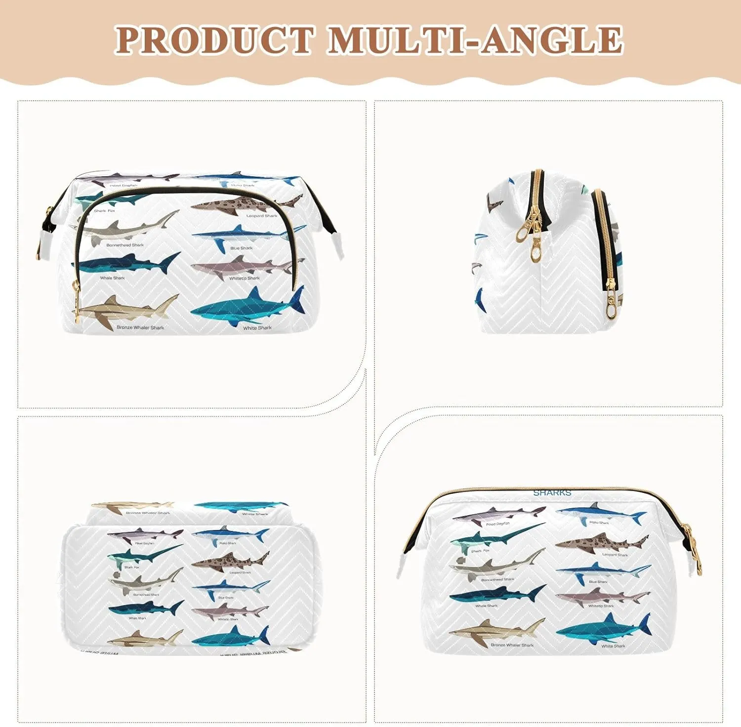 Women Wave Quilt Cosmetic Bag, Storage Pouch Handbag Makeup Case Zipper Toiletry Purse Holder Organizer 10.2x5.9x6.7 in Different Kind of Sharks Species Isolated on White Background