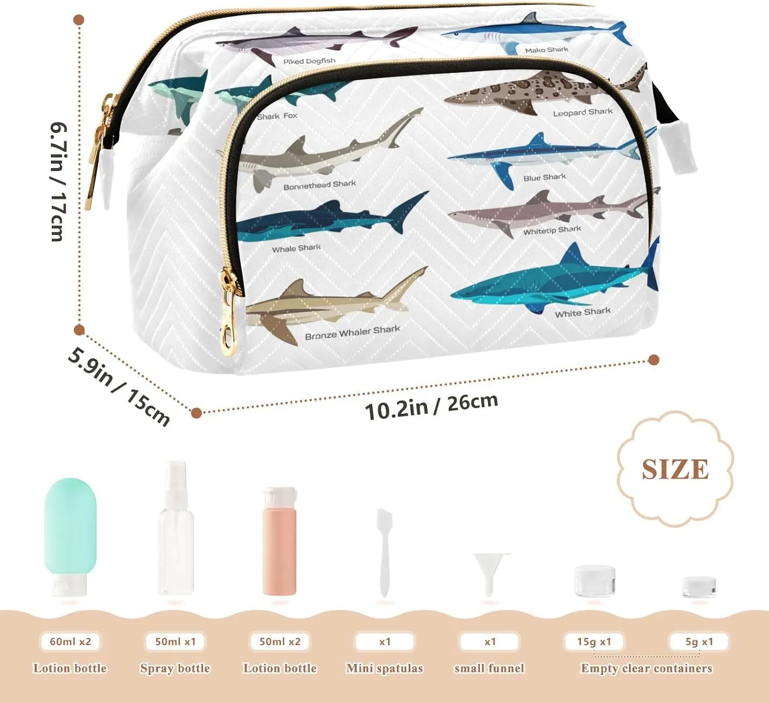 Women Wave Quilt Cosmetic Bag, Storage Pouch Handbag Makeup Case Zipper Toiletry Purse Holder Organizer 10.2x5.9x6.7 in Different Kind of Sharks Species Isolated on White Background