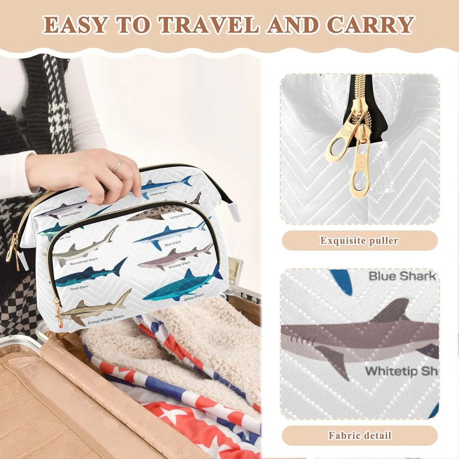 Women Wave Quilt Cosmetic Bag, Storage Pouch Handbag Makeup Case Zipper Toiletry Purse Holder Organizer 10.2x5.9x6.7 in Different Kind of Sharks Species Isolated on White Background