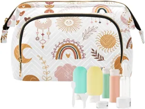 Women Wave Quilt Cosmetic Bag, Storage Pouch Handbag Makeup Case Zipper Toiletry Purse Holder Organizer 10.2x5.9x6.7 in Ethnic Tribal Brown Rainbows Moon, Sun, Cloud, Dreamcatcher